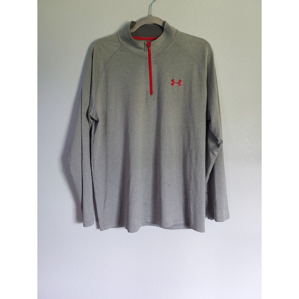 Under Armour Sweater Mens Large Gray Red HeatGear Pullover 1/4 Zip Casual Preppy